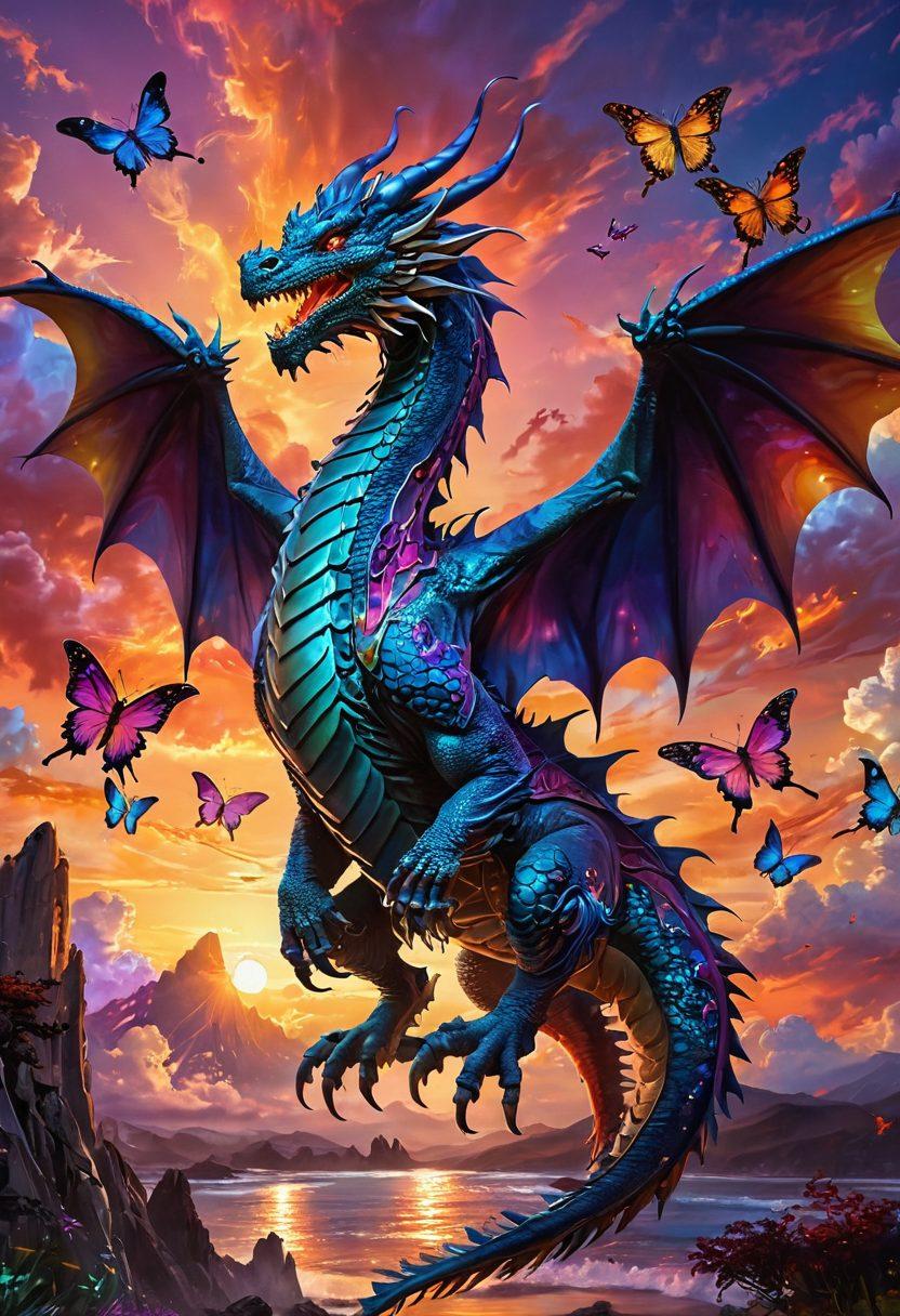 An inspiring scene featuring a majestic dragon soaring through a vibrant sunset sky, symbolizing empowerment and inner strength. The dragon, adorned with iridescent scales, breathes colorful flames that transform into butterflies, representing mood elevation and transformation. Below, a diverse group of joyful people celebrate, embodying ecstatic existence. The overall atmosphere is magical and uplifting, promoting positivity. super-realistic. vibrant colors. fantasy art.