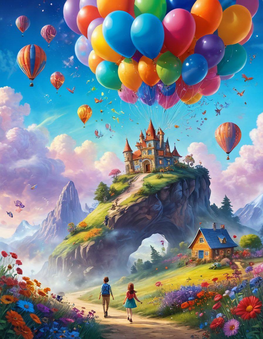 A vibrant and whimsical landscape filled with colorful, oversized flowers and playful creatures such as fairies and talking animals. A curious individual explores this enchanting world with a joyful expression, surrounded by balloons and sparkling magic dust in the air. Include a rainbow arching across a clear sky, adding to the cheerful atmosphere. fantasy art. bright colors. playful style.