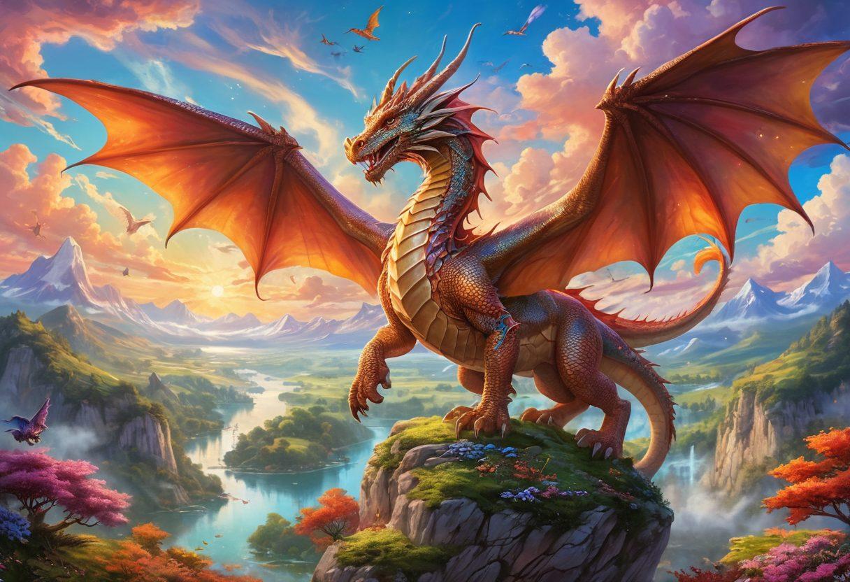 A majestic dragon with vibrant scales soaring through a colorful sky filled with whimsical clouds, surrounded by cheerful fantasy creatures like fairies and unicorns. The landscape below features lush, rolling hills and sparkling, enchanted lakes, depicting a world brimming with joy and adventure. Emphasize the dragon's playful expression to capture the essence of a joyful fantasy life. super-realistic. vibrant colors. whimsical art.